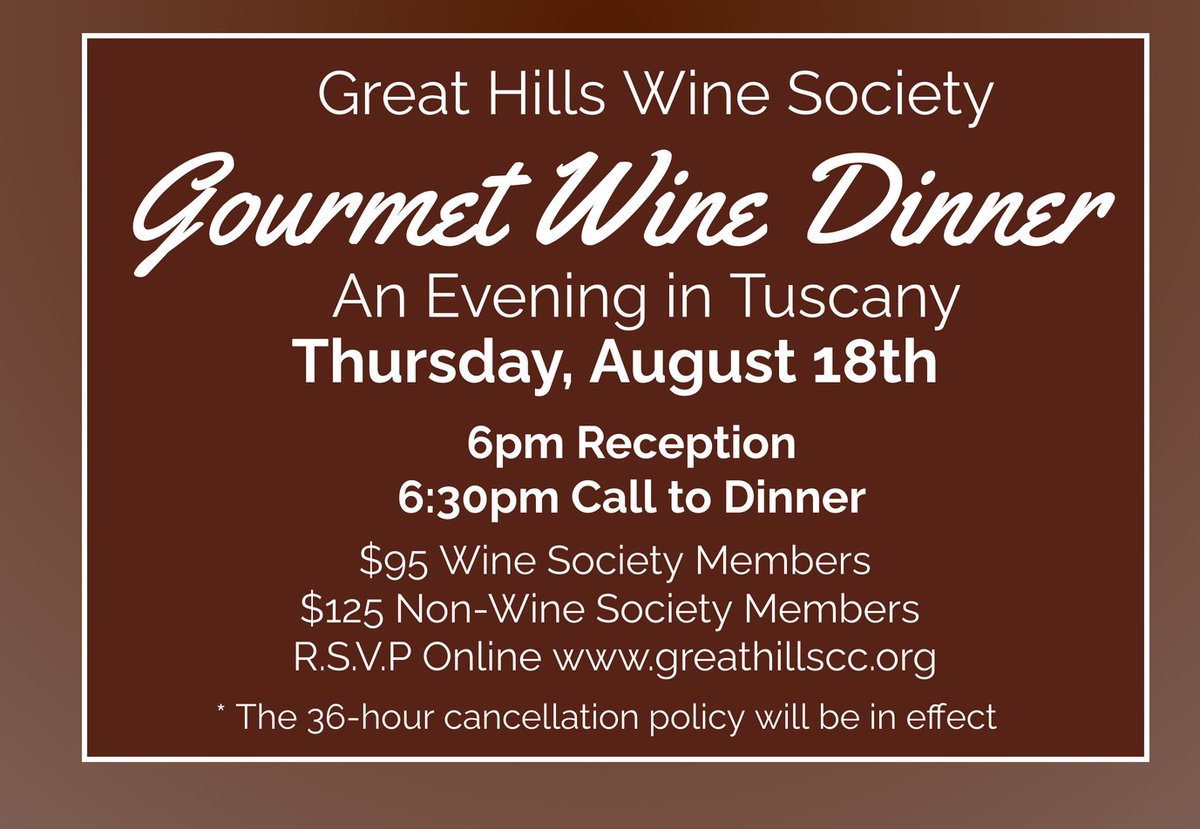 Great Hills CC (@greathillscc) on Twitter photo We have six spots left for tomorrow nights Gourmet Wine Dinner. If you are a GHCC Member and you would like to attend, sign up on-line at greathillscc.org or email paul@greathills.org and we will set a place at the table. We have six spots left for tomorrow nights Gourmet Wine Dinner. If you are a GHCC Member and you would like to attend, sign up on-line at greathillscc.org or email paul@greathills.org and we will set a place at the table.