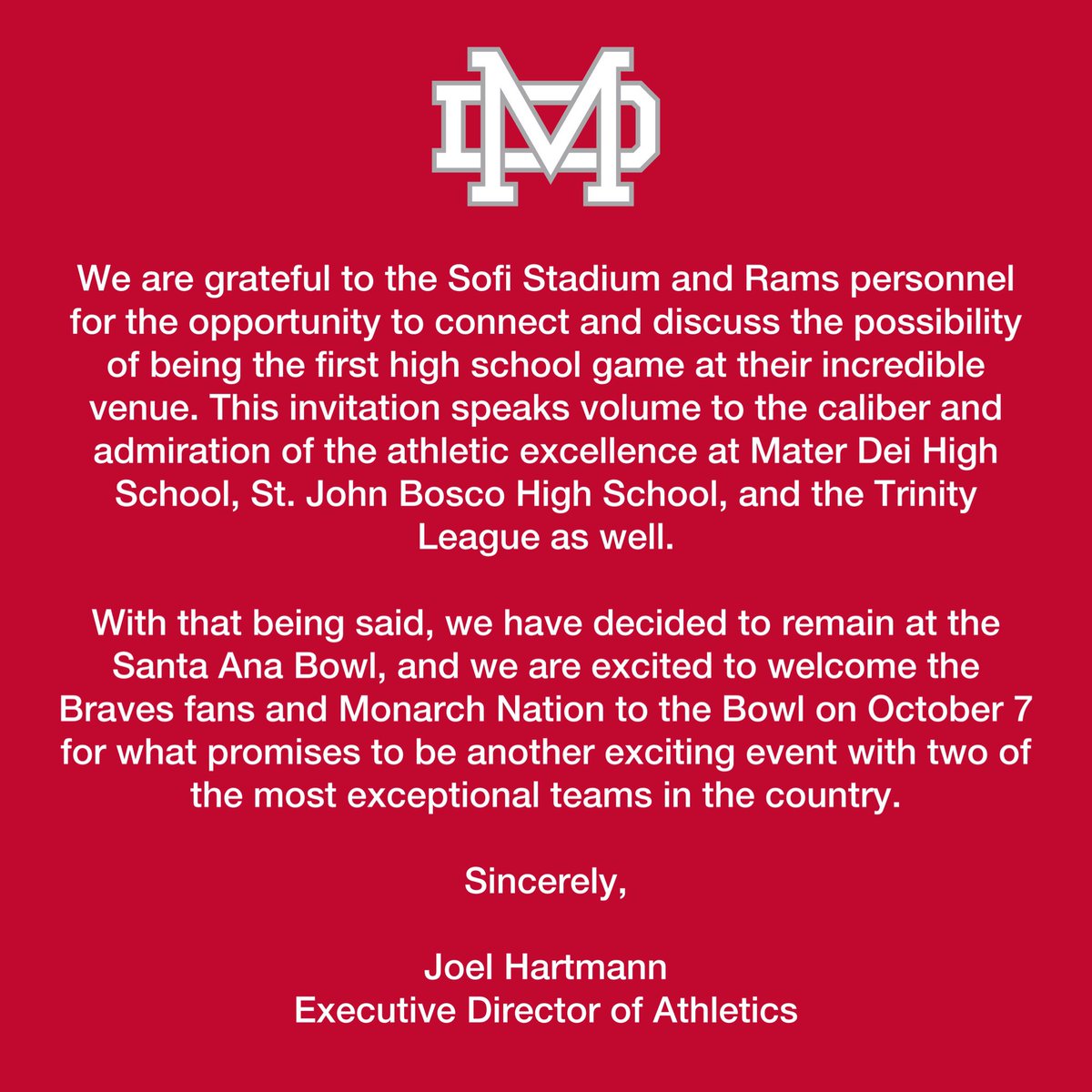 An official statement from our Executive Director of Athletics 🗞

Let’s Go Monarchs!