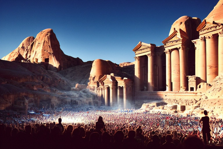"Nicolas Jaar performing in the ancient ruins of Petra"#Midjourney