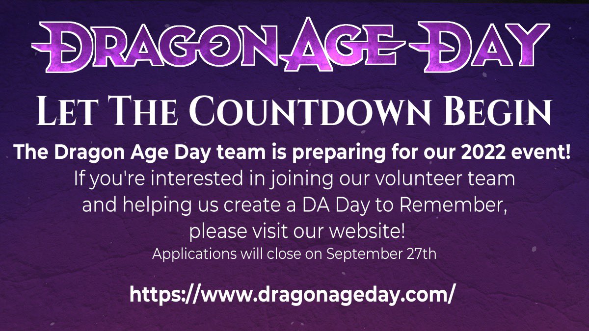 Planning for Dragon Age Day 2022 has begun! If you're interested in joining our team of volunteers, visit dragon4geday.com to apply! 💜 

#DragonAge #DragonAgeDay