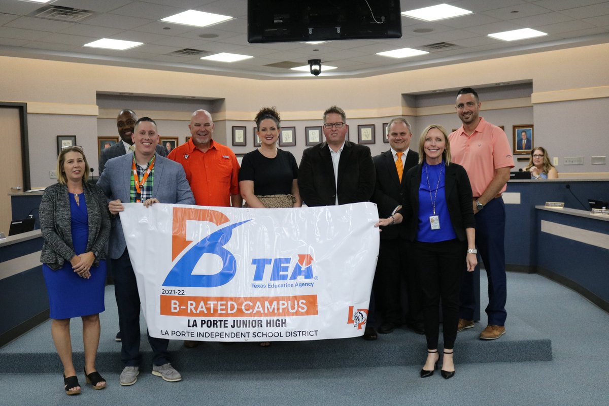 lpisd's tweet photo. La Porte Junior High celebrates their TEA "B" rating with the La Porte ISD Board of Trustees! #ChooseLP https://t.co/1NTYv66Dpj