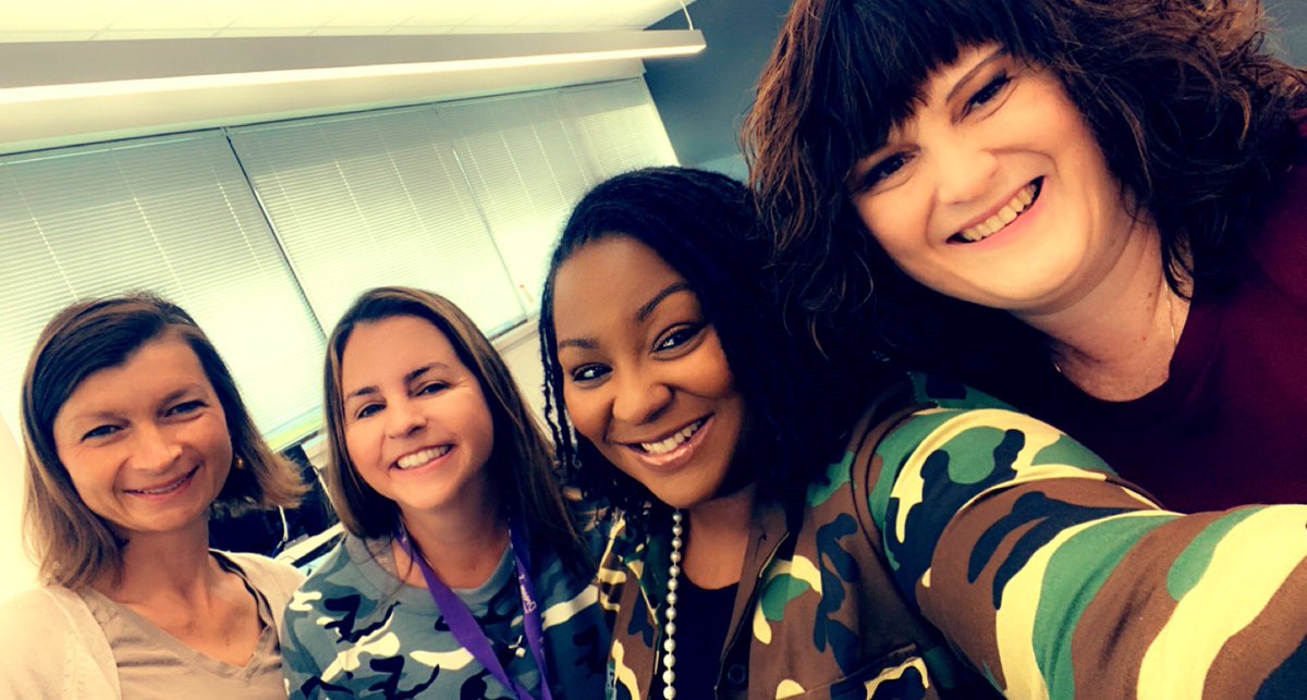 McDonaldN1908's tweet photo. FISD+ Staff enjoying the college day theme! Do we look like we are ready for a battle? #fisdplus #fisdmadetoshine https://t.co/pHLoLhVaCp