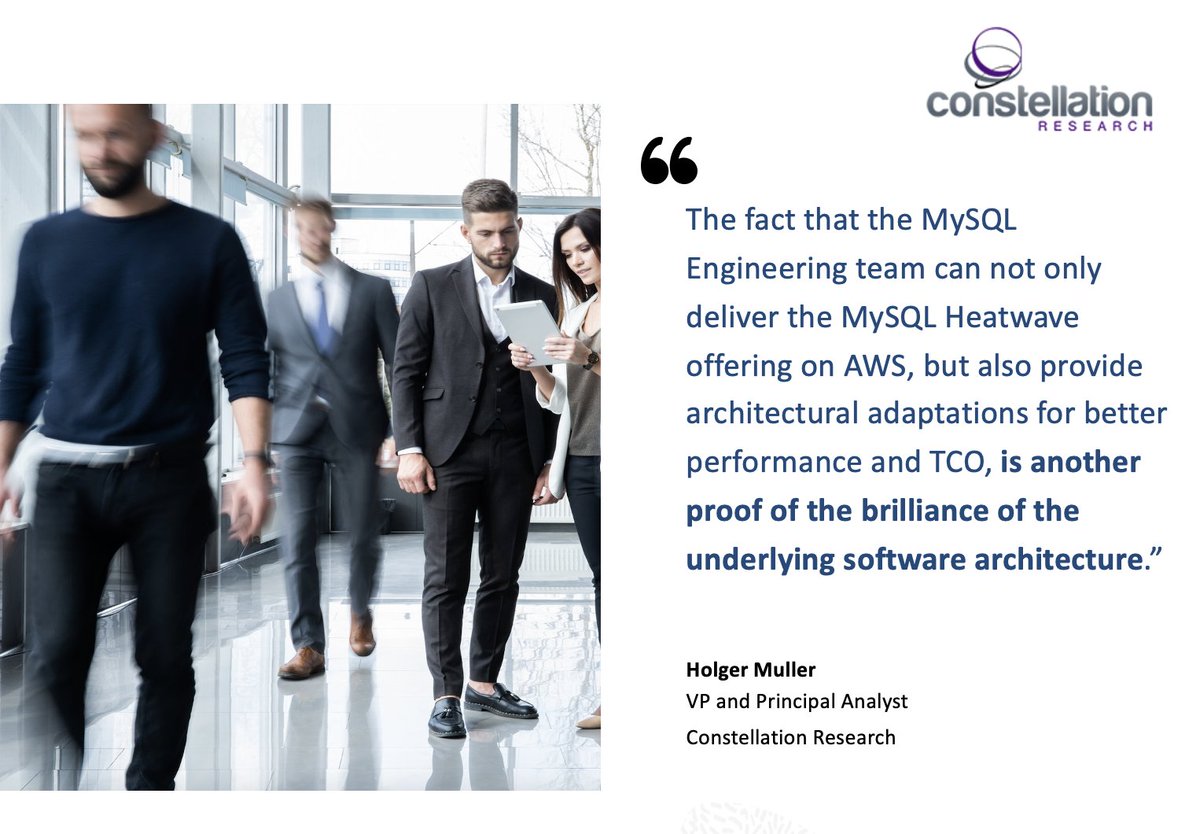 MySQL's tweet photo. [Analysts Quotes] We've just announced the availability of #MySQL HeatWave on #AWS! Read what top analysts like @holgermu are saying: https://t.co/Fj2Y135yC3 https://t.co/pRxGicNhlc