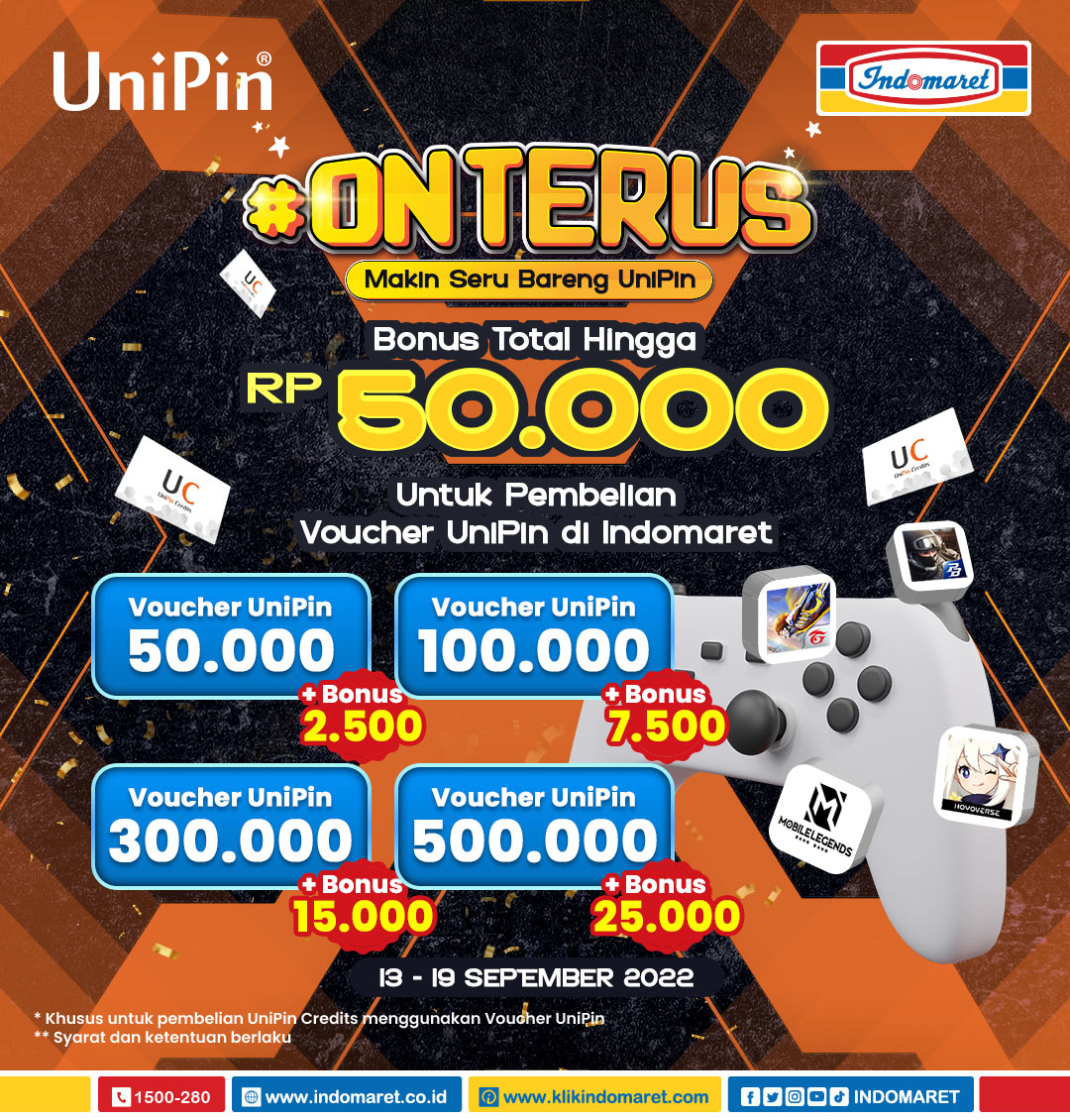 Indomaret's tweet photo. Hi Sobat Indomaret,
Mulai dari tanggal 13 hingga 19 September, cuss pergi ke Indomaret deket rumah kamu, terus beli Voucher UniPin dan isi UniPin Credits kamu menggunakan Voucher UniPin tsb di website UniPin!
#Indomaret #UniPin #ditemeninUniPin #ONTERUS https://t.co/jsChhuH6Ws