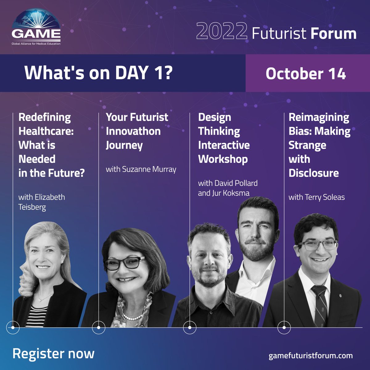 Engage with futurist experts and gain hands-on learning on working in regional teams to develop award-winning innovative projects. The 2022 GAME #FuturistForum conference will be held on October 14-15 in Montreal, Canada. Register here: gamefuturistforum.com Day 2 sessions: