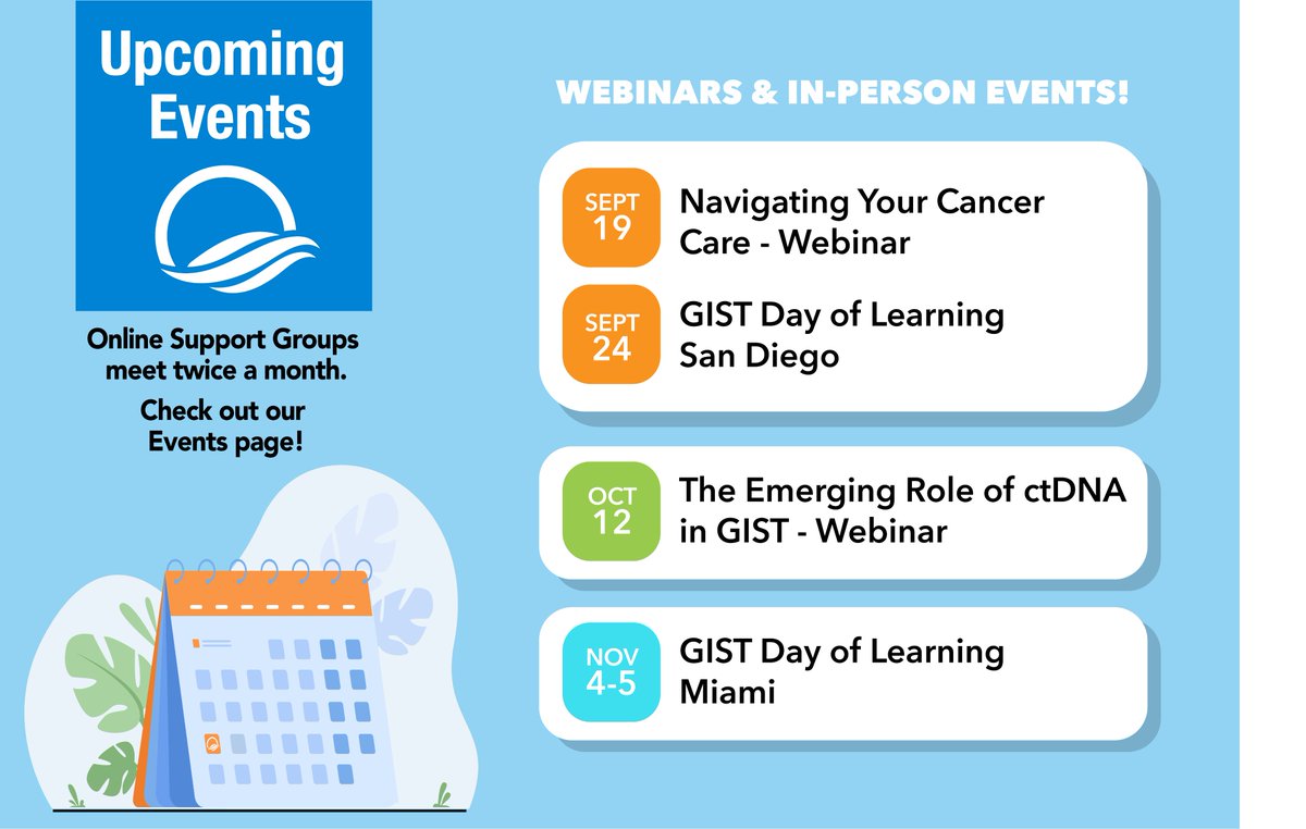 Liferaftgroup's tweet photo. Check out our upcoming webinars, and two in-person GDOLs in San Diego &amp; Miami, our regularly scheduled onlineSupport Groups and our newest monthly online support group for Floridians. https://t.co/l9jNKvhtdW
#lrgevents #supportgroups #gistdayoflearning #sarcoma https://t.co/ZRJKXHJpCs
