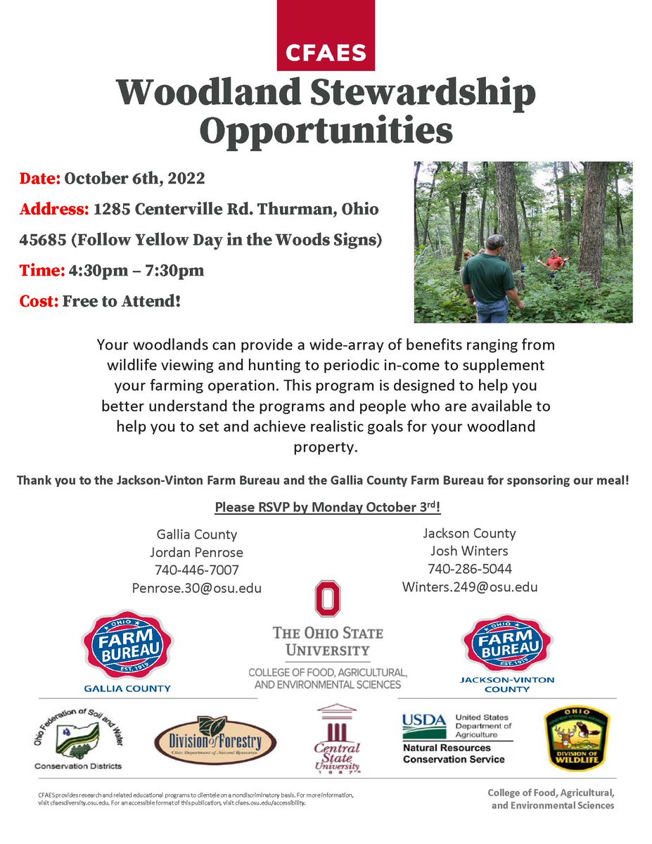 green_gail's tweet photo. Your woodlands can provide a wide array of benefits ranging from wildlife viewing and hunting to periodic income to supplement your farming operation.
Please RSVP by Monday, October 3 to Jordan Penrose at 740-446-7007 https://t.co/7X2hrLXy53