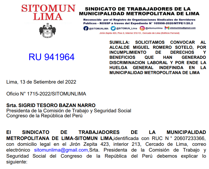 SitomunLima's tweet photo. #DiscriminacionLaboral l @sigridbazan Presidenta de la Comisión de Trabajo @congresoperu solicitamos convocar al alcalde @MuniLima por inaplicación del articulo 79° del TUO del DL 728 en perjuicio del 600 obreros municipales https://t.co/UP8LoeMq2a