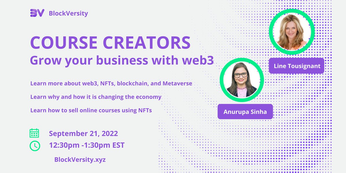 #Coursecreators this is for you, mark your calendars for 21st September. 

#onlinecoursecreators #coursecreators #WomeninNFTs #womeninblockchain #FemaleFounders #coaches #womeninweb3 #NFT #NFTMarketplace #onlinecourse #onlinecourses #NFTsCommunity #web3community