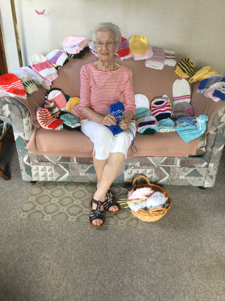 This is Etta Jamieson of Truro. She turned 100 years old last week and knit 100 children's hats to mark her milestone birthday. You can listen to her interview here: cbc.ca/listen/live-ra… (Photo submitted by Bonnie Sutherland)