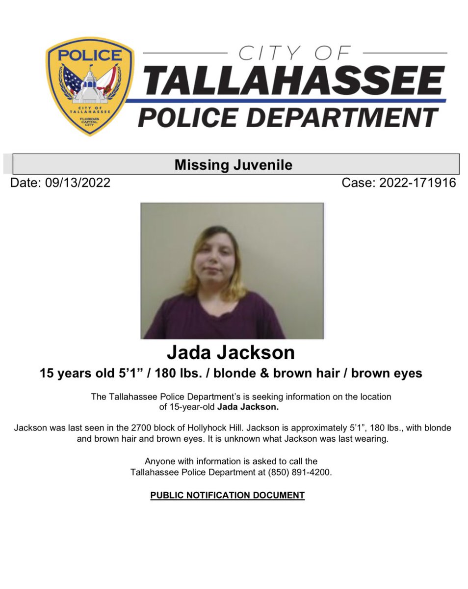 TallyPD's tweet photo. Please share to help locate this missing juvenile. If you have information regarding Jada’s whereabouts, please call TPD at 850-891-4200. https://t.co/1kAjy5VrQY
