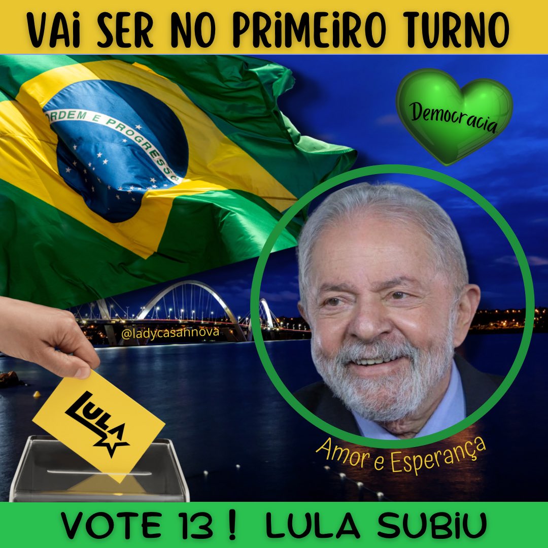 Boa noite queridos companheiros vermelhos 🫶🏼🚩🌟 Painho disse ontem #LulaNaCNN que voltará “para fazer mais e melhor”👊🏽 Esse é o meu presidente! Lula subiu e a democracia vai vencer ❤️#LulaNoPrimeiroTurno @LulaOficial