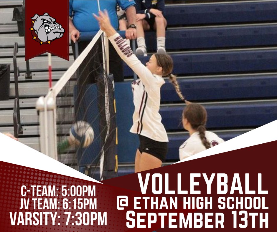 Bulldogs Volleyball Tonight!! 
📍 Ethan High School
⌚️C: 5:00pm / JV: 6:15pm / Varsity: 7:30pm

GO BULLDOGS!! 🐾🏐