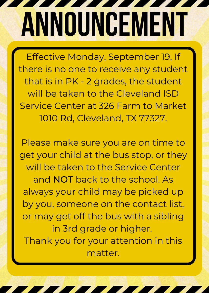 A very important announcement for bus riders.
Un anuncio muy importante para los estudiantes que usan el autobús.