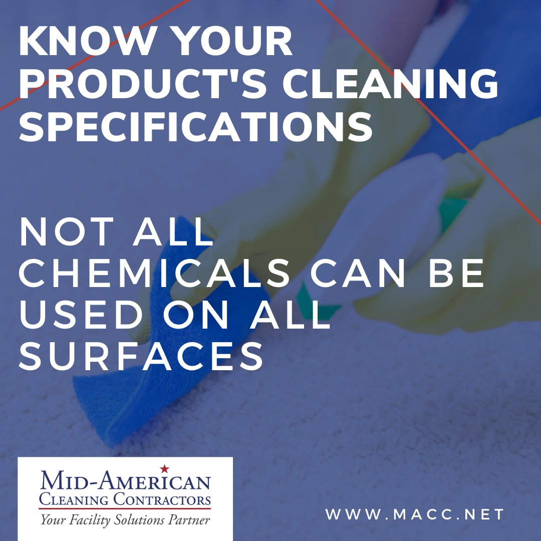 MidAmCleaning's tweet photo. Know your product’s cleaning specifications. Certain surfaces are not meant for all chemicals. Understanding how to clean each type of material in your facility is the key to success!

#MACC #MidAmericanCleaning #commercialcleaning #janitorialservices #facilitiesmanagement https://t.co/wZf5SrgR0R