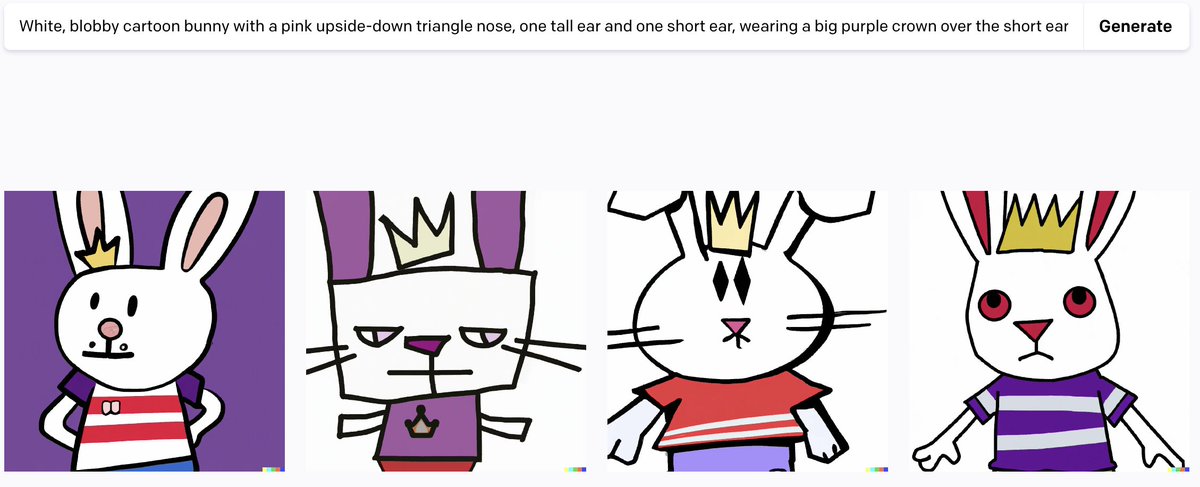 Playing w/ DALL-E trying to re-create my Bunny character (it can't, yet, but the results are hysterical). Also tried to get it to recreate another project I am working on but it can't do that, either. Super-fascinating, though! Has anyone else played w/ it? Thoughts? #kidlitart