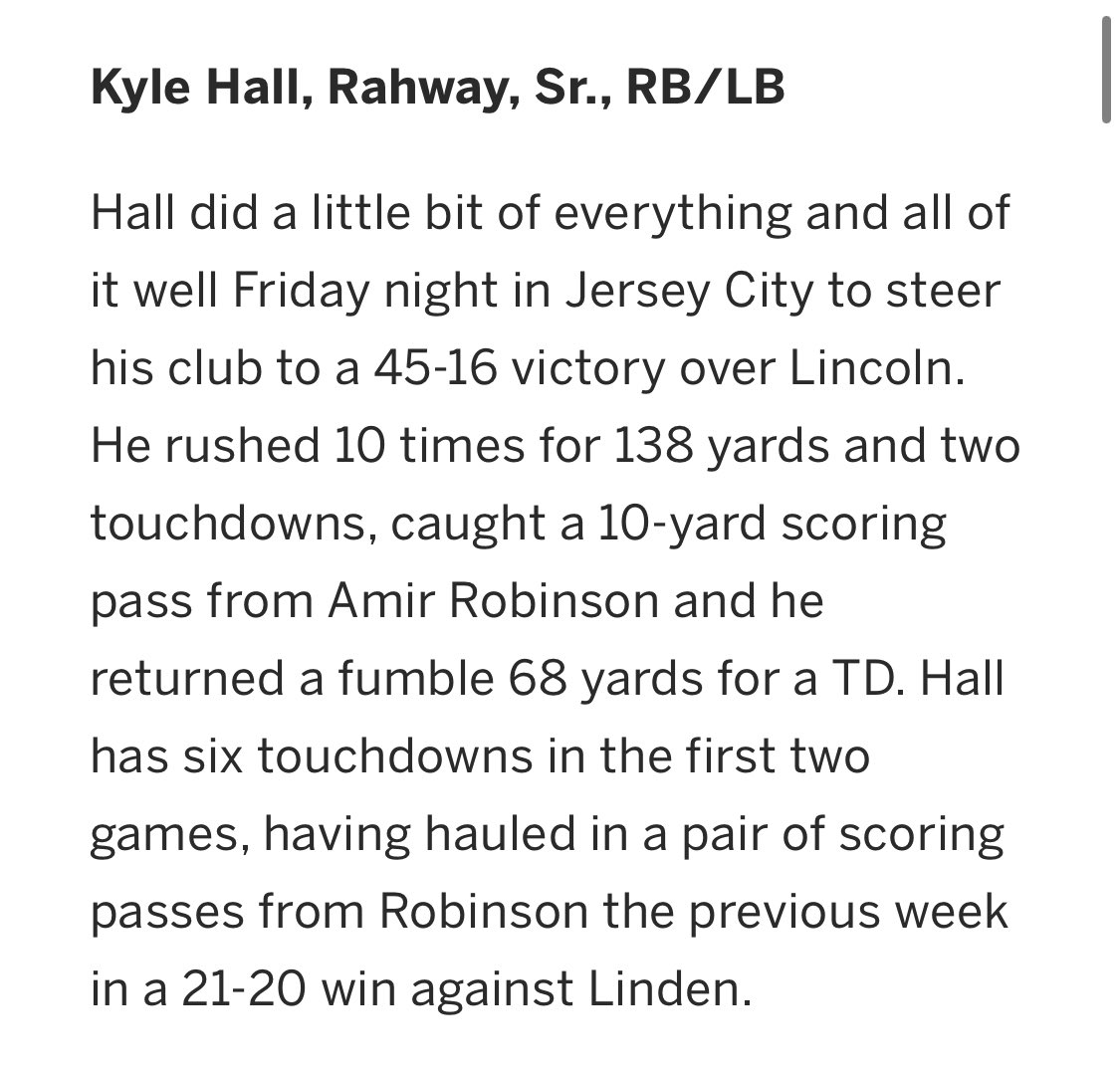 Congratulations to Kyle Hall <a href="/kylehall_7/">Kyle Hall</a> For Being named Nj.com big central conference player of the week for his week 2 performance against Lincoln! <a href="/MikeKinneyHS/">Mike Kinney</a>