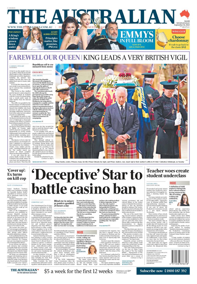 The Australian front page: 

‘Deceptive’ Star to battle casino ban

Star Entertainment has 14 days to convince authorities in NSW it should be allowed to keep its ­operating licence after a damning report concluded it was unsuitable to manage a ­casino.