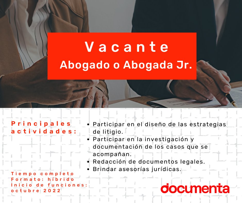¡Tenemos una vacante para ti! 😱

Únete a #Documenta en el área jurídica y colabora con nosotras en la creación e implementación de herramientas para el litigio estratégico. 

Consulta las bases aquí: bit.ly/3Dj5RuE