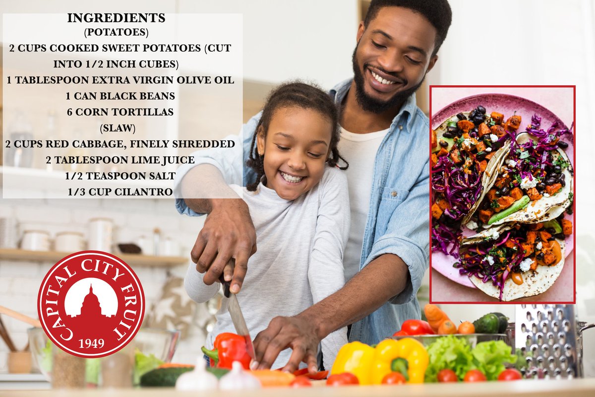 Today is National Kids Take Over The Kitchen Day!  For something easy, try this Sweet Potato Tacos recipe. It's easy and delicious. Find most of the ingredients on our store at capitalcityfruit.com/shop/.