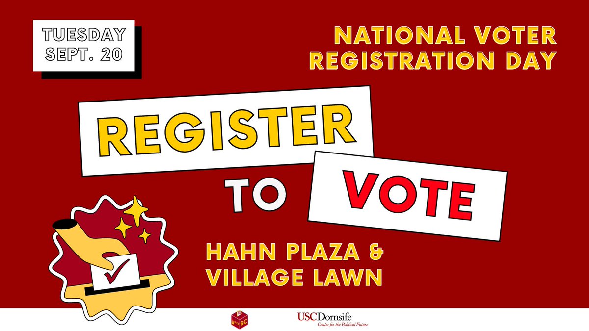 USCPolFuture's tweet photo. Join CPF, VoteSC & various student orgs to celebrate #NationalVoterRegistrationDay on Tu. 9/20 on-campus at Hahn Plaza & USC Village Lawn from 11AM-3:30PM. Stop by for free food, surprise guests & great conversation.
#RegisterToVote: https://t.co/TgvW6B4eDD
@USC @PresidentFolt https://t.co/RbthwhS0Xm