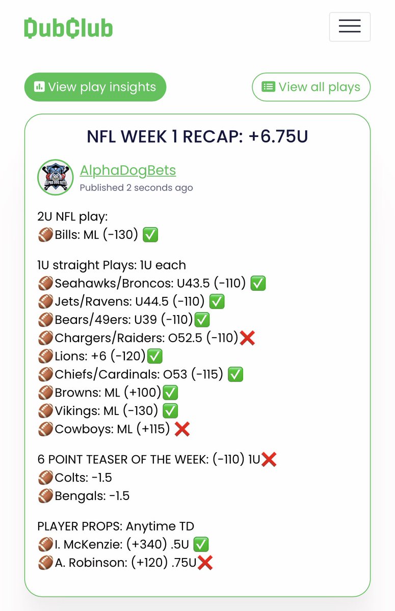 NFL/CFB season package (includes bowls and NFL playoffs) $249 

We will be selecting 3 random people who retweet this post to get this for free! (If you purchase and are chosen you will be refunded).

Link: ⬇️⬇️
dubclub.win/r/AlphaDogBets