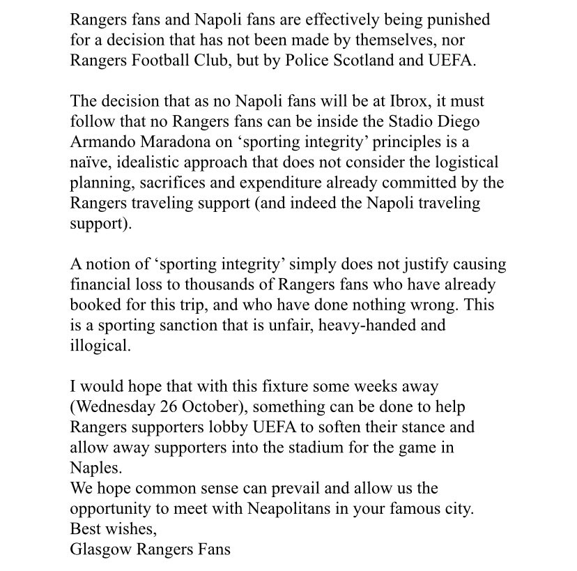 ✍🏻 La lettera integrale dei supporters del #Rangers ai tifosi del #Napoli. 🏴󠁧󠁢󠁳󠁣󠁴󠁿