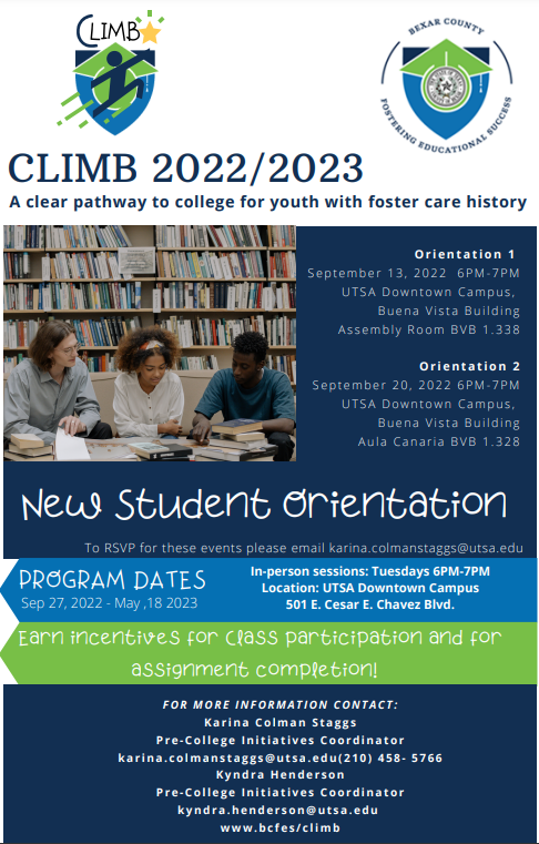 NISDConnections's tweet photo. CLIMB provides wonderful opportunities for youth with a history of foster care to learn new skills and post-secondary assistance. See info below! @BexarCountyFES https://t.co/IfwJ6iK0f3
