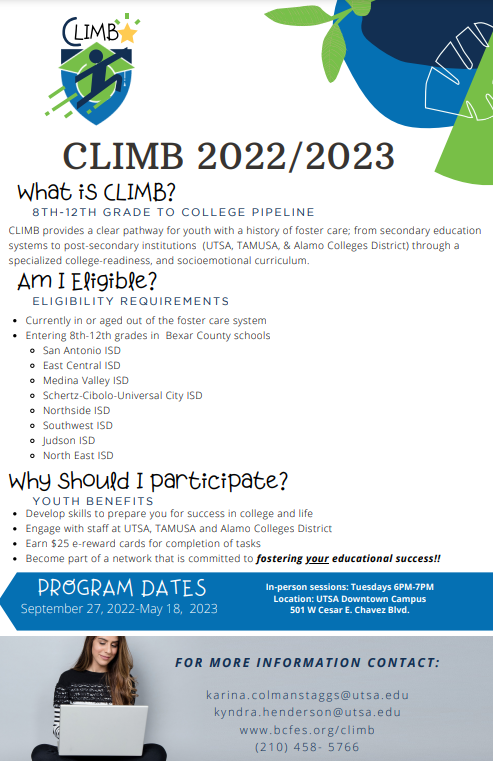 NISDConnections's tweet photo. CLIMB provides wonderful opportunities for youth with a history of foster care to learn new skills and post-secondary assistance. See info below! @BexarCountyFES https://t.co/IfwJ6iK0f3