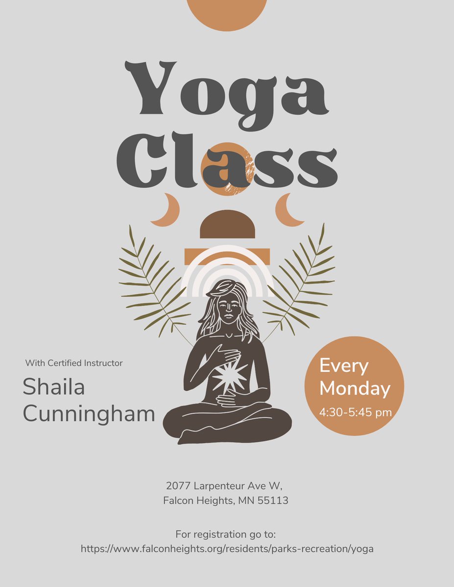 FalconHeights's tweet image. The yoga sessions will start soon! When the minimum number of people sign up. YogaHotDish Instructor Shaila Cunningham is back with her unique yoga recipe, combining classical yoga with modern best practices and served with a side humor! Register at falconheights.org/residents/park…