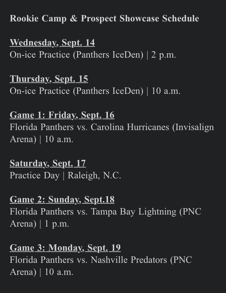 RT @Mandoman12: Here is the schedule for the Florida Panthers Rookie Camp and Prospect Showcase. 

#FlaPanthers https://t.co/tcLPVgTyXw