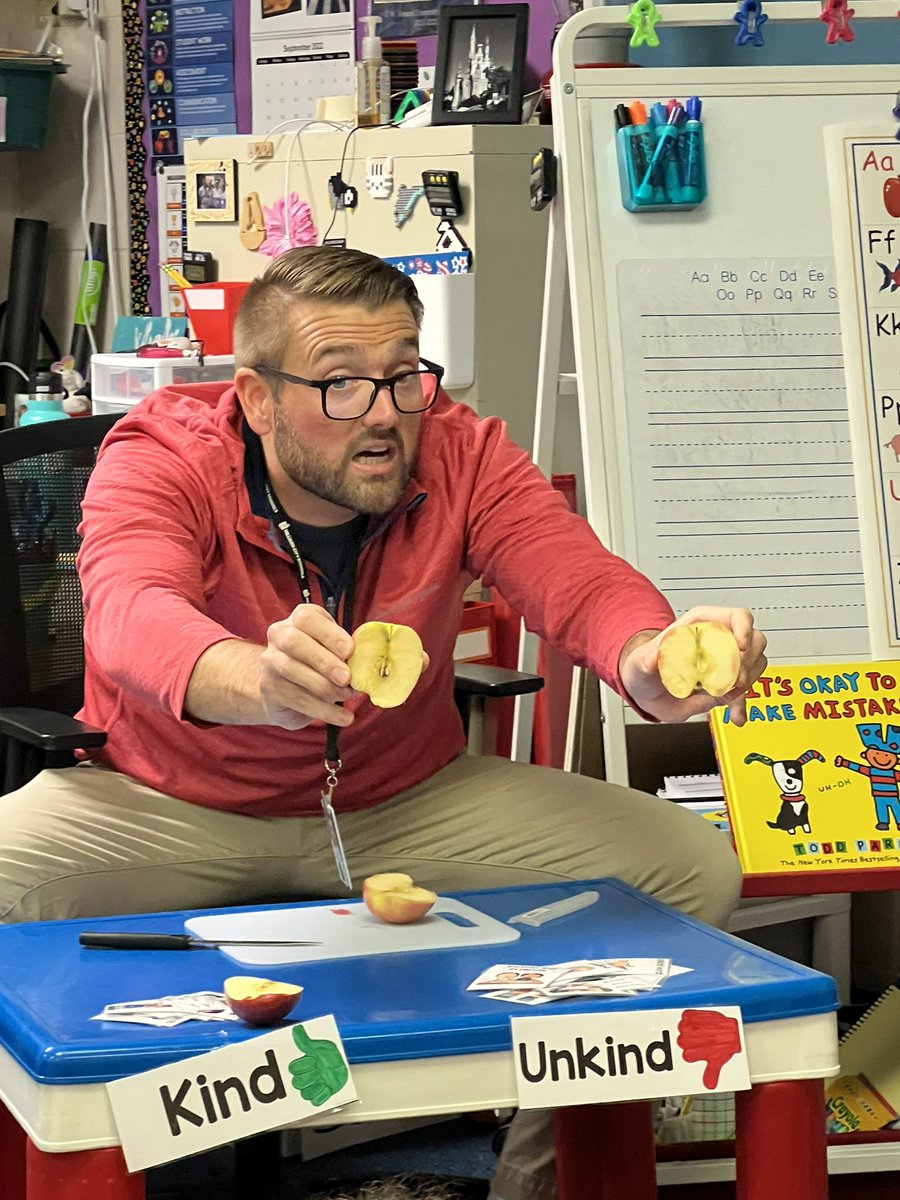 Mr. Williams came to our room and did a magic trick. He said kind words to one apple and unkind words to the other. We learned that unkind words/actions hurt others inside. We want to be kind to others!