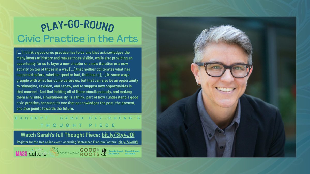 Dr. Sarah Bay-Cheng @sbaycheng will be one of the three speakers at this week’s Play-Go-Round event!

Tune in this Thursday, Sep 15 for What is a Good Civic Practice in the Arts? Register: bit.ly/3ty4JOi

Also, don’t forget to check out the speakers’ Thought Pieces! ⬆️