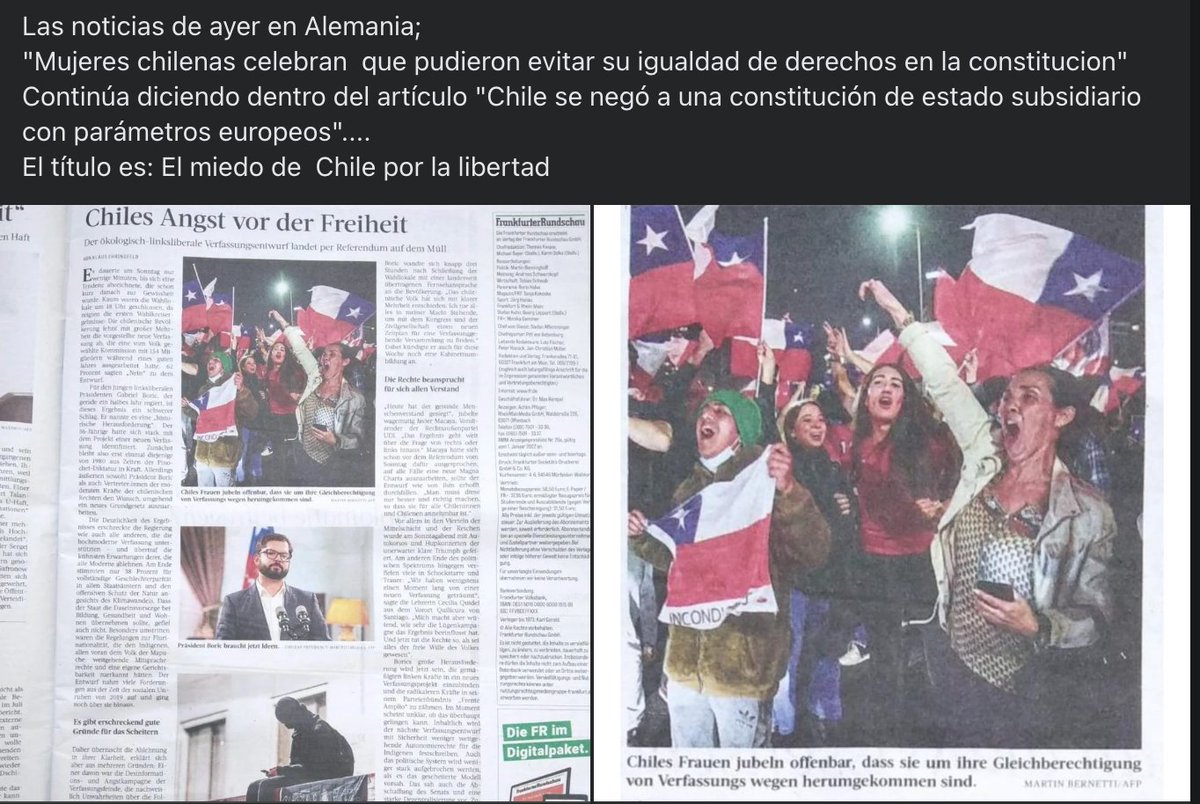 hernan_sr's tweet photo. Diario de Alemania:
"Mujeres chilenas celebran que pudieron evitar su igualdad de derechos en constitución"
Somos el hazmereir mundial. https://t.co/HdYwDdlj8Z