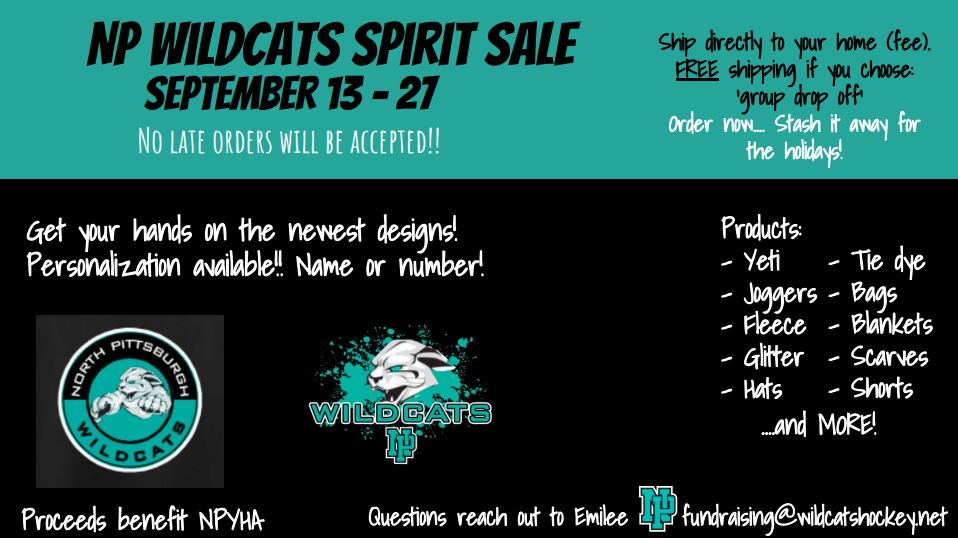 NorthWildcats's tweet photo. North Pittsburgh Spirit Wear Sale starts TODAY 9/13/2022 and runs through 9/27/2022
NO LATE ORDERS WILL BE ACCEPTED
https://t.co/wFJqfjgIoq
Please reach out to the North Pittsburgh Fundraising Director Emilee at fundraising@wildcatshockey.net https://t.co/2w65mUTfqT