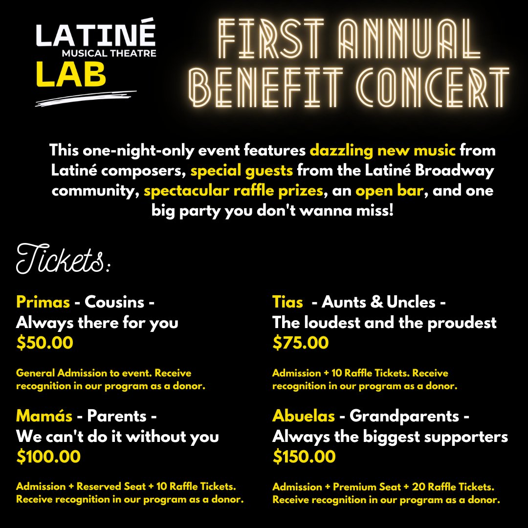 Join us September 26th @ the Soho Playhouse for our First Annual Benefit Concert hosted by <a href="/RobinofJesus/">Robin De Jesus</a>

This one-night-only event will feature new music from Latiné composers, a cocktail hour complete with hors d'oeuvres, special guests from the Latiné Bway community... (1/4)