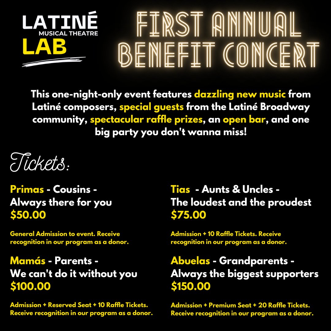 Join us September 26th @ the Soho Playhouse for our First Annual Benefit Concert hosted by @RobinofJesus This one-night-only event will feature new music from Latiné composers, a cocktail hour complete with hors d'oeuvres, special guests from the Latiné Bway community... (1/4)