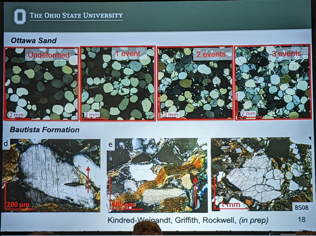 gfun's tweet photo. Ashley Griffith (Ohio State): Can we identify fault zone damage that originated from dynamic rupture? Experiments where rocks are compressed sharply under confinement suggest that the sorts of pulverization we find along the San Jacinto fault, suggest that yes, we can! #scec2022 https://t.co/Qkr26VWmJ4