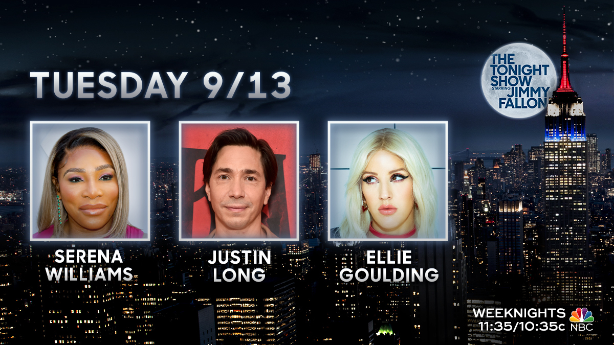 Tonight’s lineup ⬇️ #️⃣ #WeTweet 🎾 @serenawilliams 🎬 @justinlong 🎤 Performance from @elliegoulding #FallonTonight