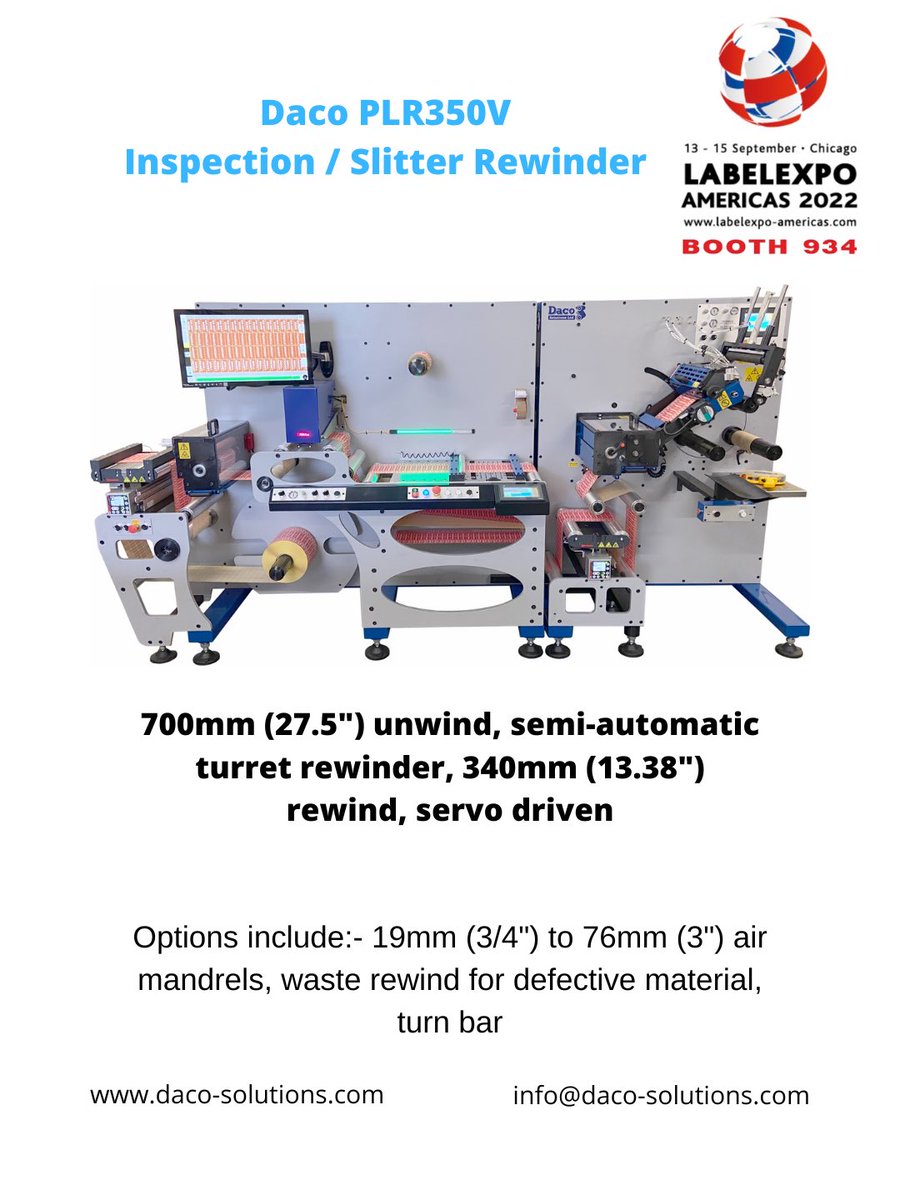 DacoSolutions's tweet image. Daco PLR350V inspection / slitter rewinder with Nikka 100% inspection and a 3 spindle semi-automatic turret rewinder.

#LabelexpoAmericas2022 #Labelexpo #slitting #inspection #labels