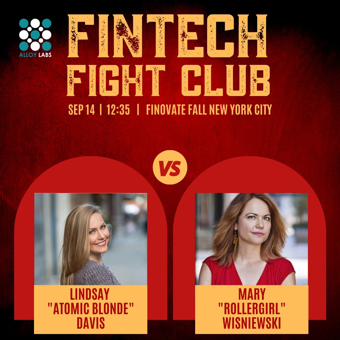 AlloyLabs's tweet photo. There's more where that came from, today at 12:35 at @finovate. @jasonhenrichs will have his hands full as referee and moderator for defending champion "Atomic Blonde" @lcdavis1225 vs. challenger "Rollergirl" @MaryMWisniewski #fintechfightclub #finovate https://t.co/lwLJdza9ti