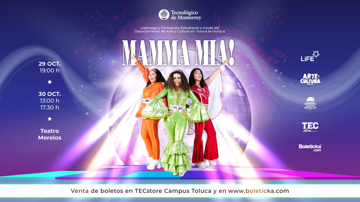 TECcampusTOL's tweet photo. Te invitamos a vivir una historia de amor #SuperTrouper 🤩 al lado de Sophie, Sky y todos los increíbles personajes de Mamma Mía!💙
🗓29 y 30 Oct.📍Teatro Morelos 🎭3 Funciones
+Info👉🏻 https://t.co/sj3RKLIvjq
🎟 Boletos en #TECstore Campus Toluca
y en 👉🏻 https://t.co/8Jma57XmO4 https://t.co/z7hVu9bksn