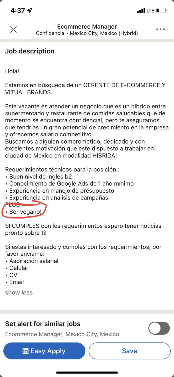 Amayabmt's tweet photo. Tiene que ser broma verdad? 
Ser vegano como plus en una vacante en LinkedIn es una patada en la jeta 
#LinkedIn #Jobs #Trabajo https://t.co/CcFQXmqdwT
