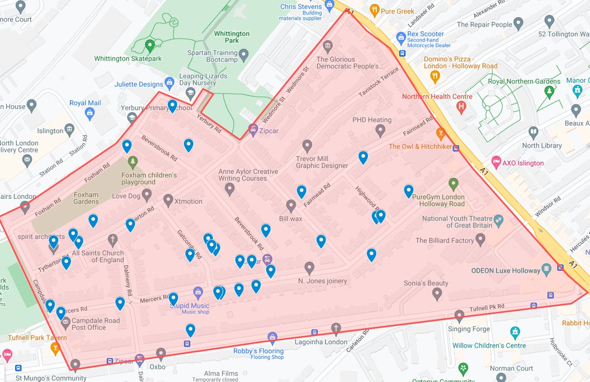 Residents in the zone can sign up now to join in the 11th annual Tufnell Park Yard Sale on Sunday 25th 2-5pm. This map shows the 35 houses who have already signed up. bit.ly/1KQv0Ly