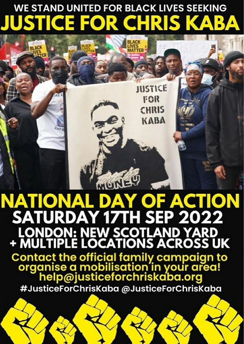 NEW: Chris Kaba's family & #JusticeForChrisKaba campaigners are organising a protest this Saturday at Scotland Yard. Time tbc. They're also calling for national protests demanding justice for the 24-year-old who was gunned down by the Met Police last week.
