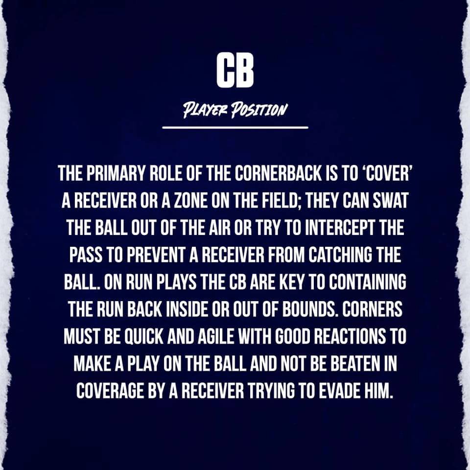 hudfbl_'s tweet photo. New to American Football? Need to know the basics? 
We'll be going over each position leading up to freshers!

Fast? Agile? Think you have the ability to completely shut down receivers?

Cornerback might be for you! Join us and give it a go! 
#TogetherWeAchieve https://t.co/zG08QF87d8