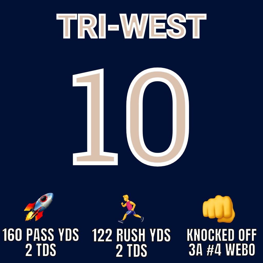3CMediaSports's tweet photo. Shoutout to our Players of the Week for Week 4! 

Offense- @TriWestFootball QB @tyowens_10 - 160 pass yards, 122 rush yards, 4 total TDs vs WEBO

Defense- @BigBearsLCFTBL LB @TylenCunningham - 19 tackles, 2 INT, pick 6 vs Warren Central 

Congrats on these incredible efforts! https://t.co/Y59N0Qr6F0