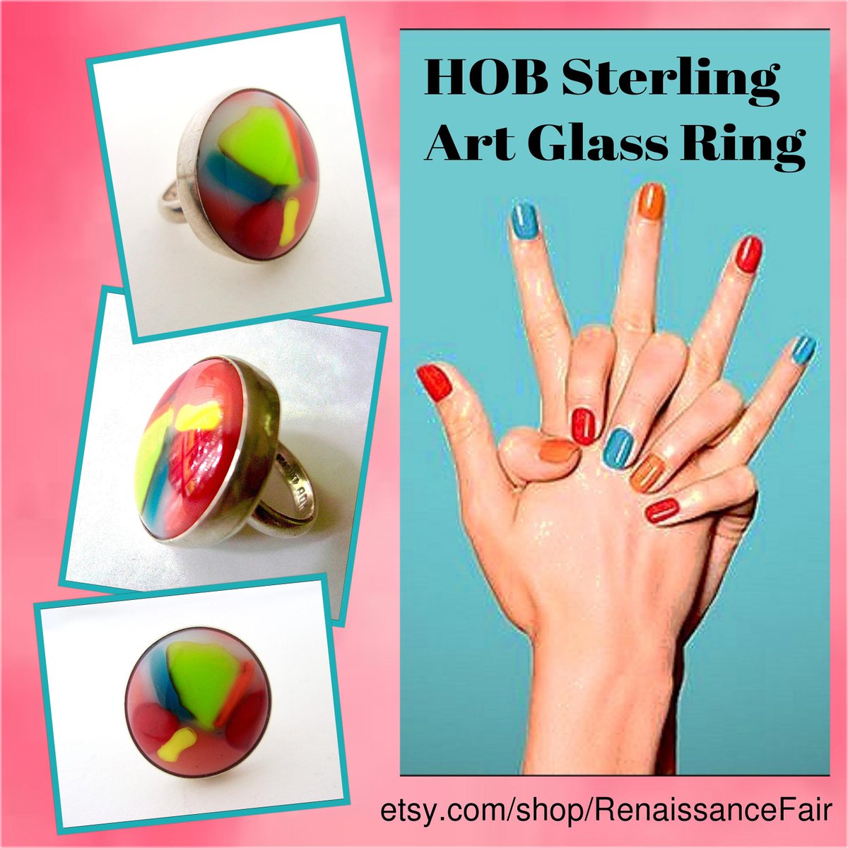 Multi Color Art Glass Sterling Ring, HOB Mexico, Heavy Large 925, Vintage Sz 6.25 etsy.me/3BgcI5u #rainbow #silver #women #glass #bohohippie #sterlingsilverring #mexicoring #heavystatement #colorfulglass