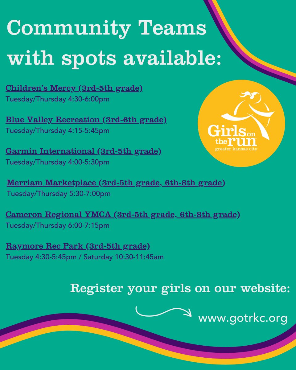 Fall 2022 registration is still open! Check out these Community Teams if GOTR isn't at your school this season. Visit gotrkc.org to join! #girlsontherunkc #girlpower #kansascity