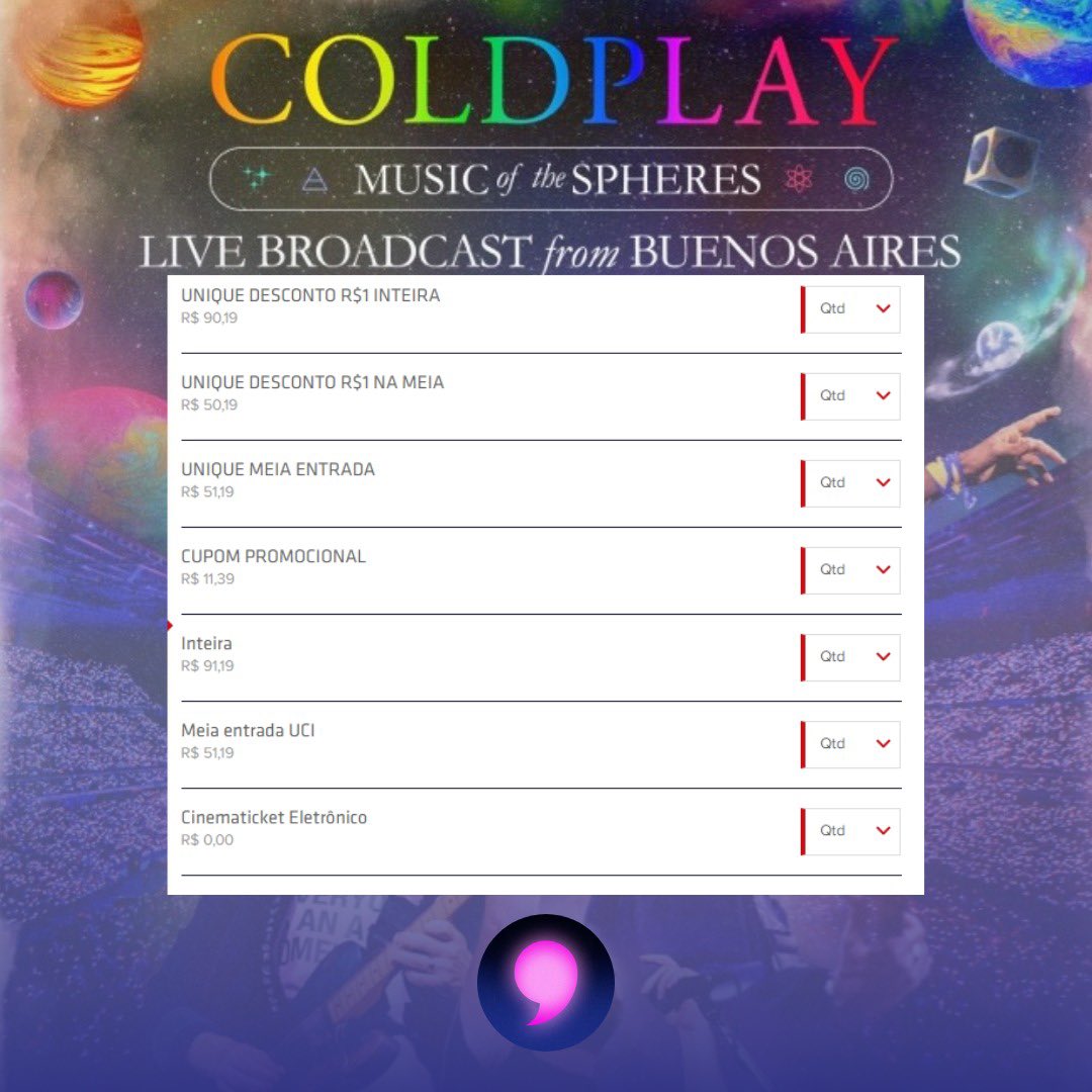 coldplaybrasil's tweet photo. Os preços dos ingressos também já estão disponíveis, variando entre R$ 11 a R$ 100. 🤑 https://t.co/hzzoujeenh